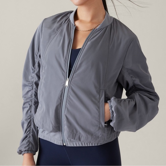 Athleta Wayfarer Bomber Jacket Full Zip Longsleeve Travel in Coastline Blue M - Picture 1 of 13